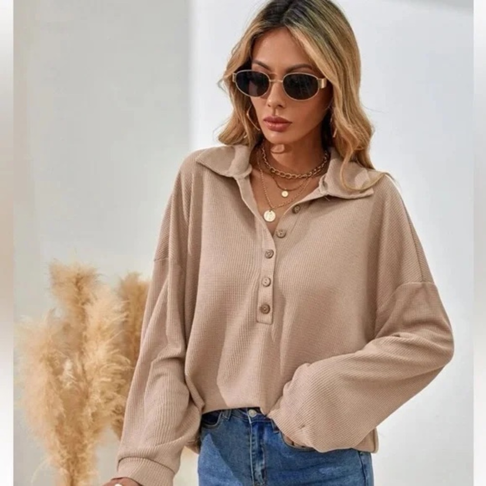 SHEIN Women’s Small Cropped Tan Long Sleeve Half Button Drop Shoulder Shirt